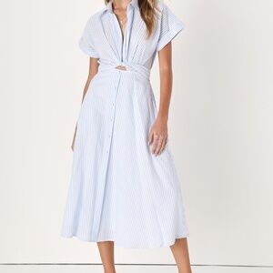Lulus Adorable Impression White And Blue Midi Dress With Pockets - Size XXL